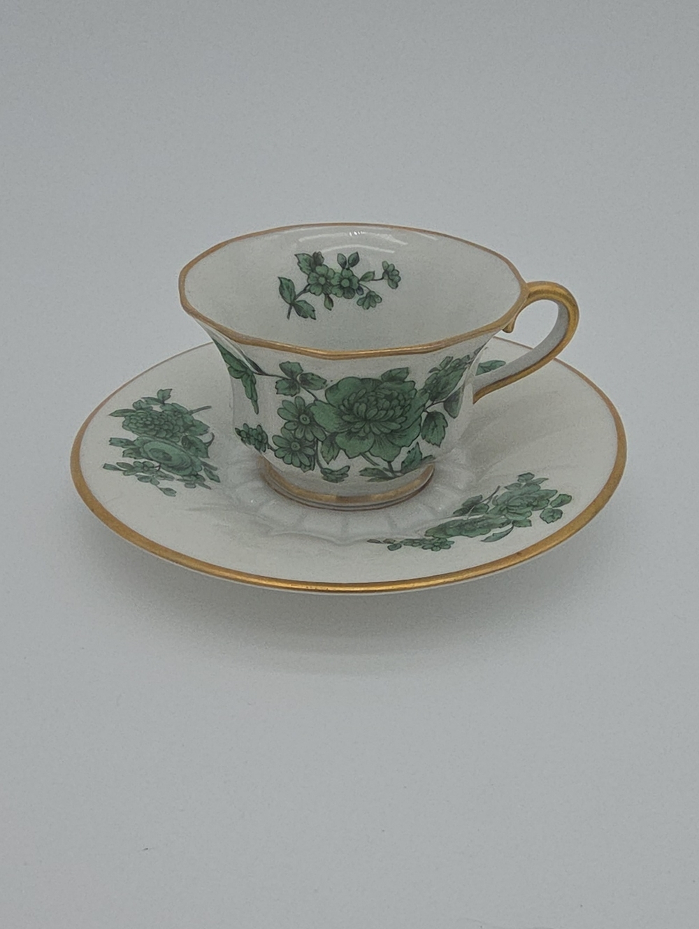 Vintage Mini Porcelain Teacup Saucer Set Green Floral with Gold Trim